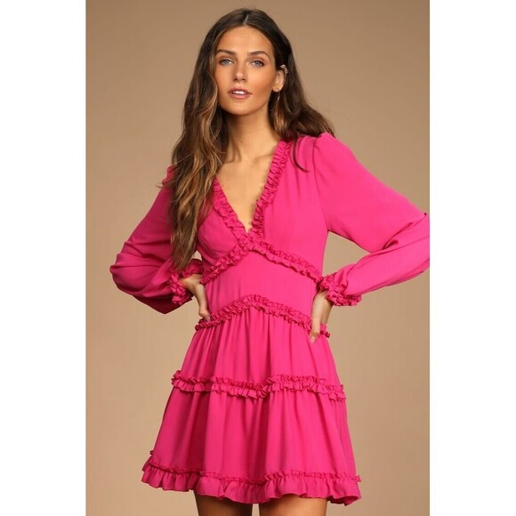 Lulu’s Women’s NWT Coquette Princess Darling Ruffled Long Sleeve Mini Dress - Picture 8 of 10